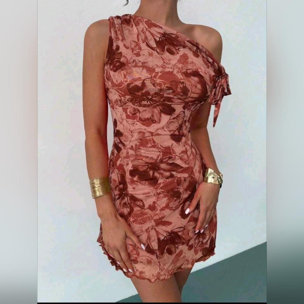 Firerie Floral One-Shoulder Dress in Rose Brown